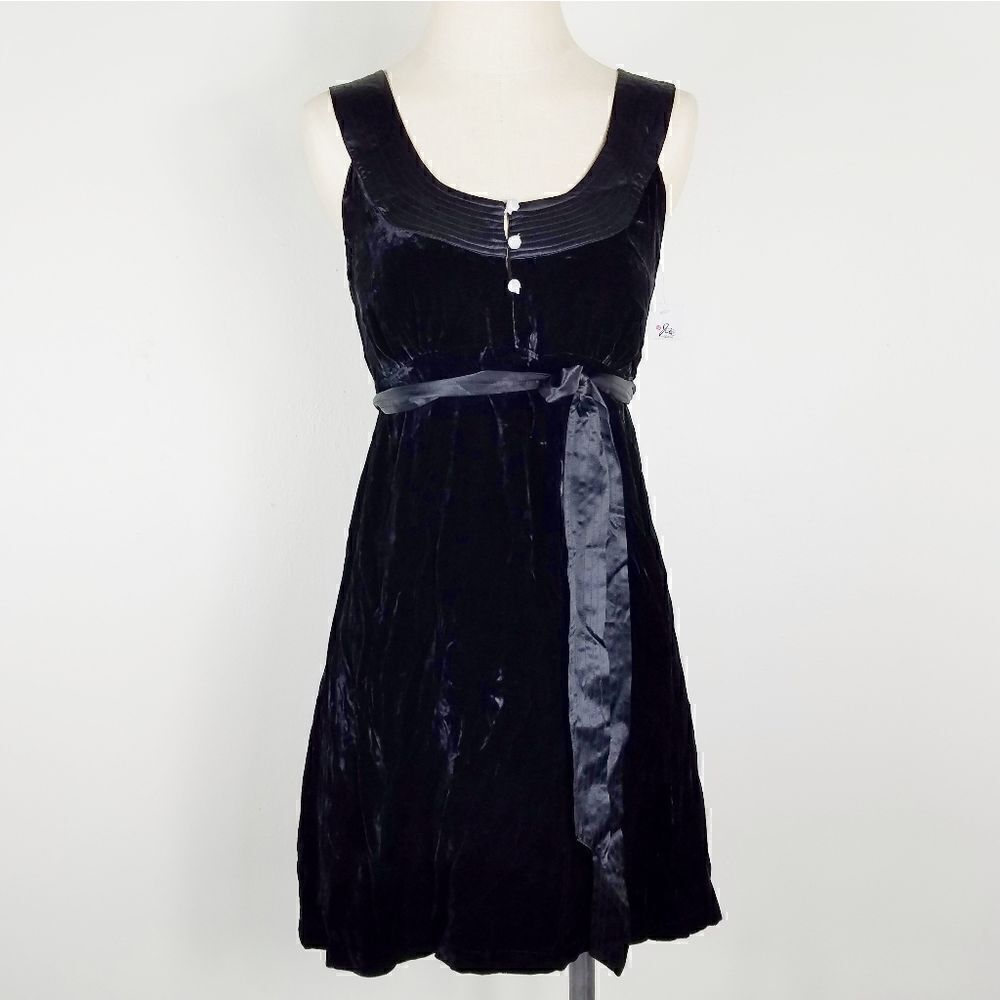 Joie Velvet Little Black Dress • Silk Details • A-Line Belted Sleeveless LBD - Picture 2 of 7